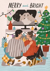Merry and bright postcard vector template. Festive christmas poster design with typography. Happy couple watching romantic movie, cozy home recreation. People celebrating new year together.