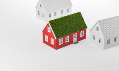 Real estate, green energy, nature friendly concept. Red cozy scandinavian house with grass on the roof and two white houses over white background. Top view.