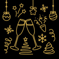 Gold glitter new year elements set isolated on black background. Glamourus design for Christmas party invitations, cards, winter sale advertising. Vector Illustration