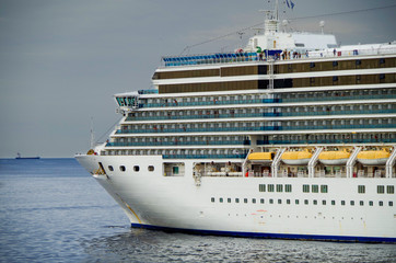 Italian cruise ship or cruiseship liner Costa Cruises Costa Deliziosa at sea departing Greek Island...