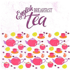 English breakfast tea – calligraphy, lettering. Hand drawn teapot and cup collection, sugar bowl, macarons, lemon isolated on background. Vector illustration of tea with icons for tea shop, tea house,