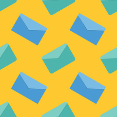 Seamless pattern blue mail envelopes isolated on flat yellow background illustration