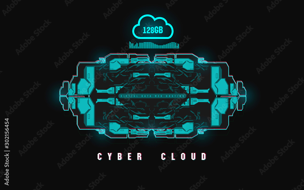 Poster cloud computing and innovation concept with hud elements. digital data, web hosting. cloud hosting c