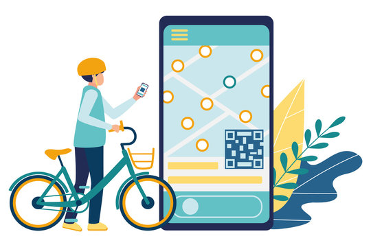 Bicycle rental. Mobile application for searching and renting of bicycles. Young man student in a helmet rents an electric bike using a mobile app. Concept bike sharing. Vector illustration isolated