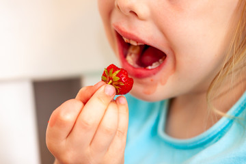 Close up of little girl eating fresh strawberry