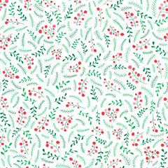 Hand Drawn Abstract Doodle Christmas Foliage, Red Holy Berries, White Background Vector Seamless Pattern. Winter Holiday