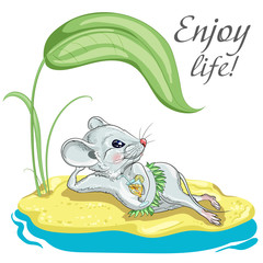 Drawing a white mouse on vacation. Suitable for 2020 calendar, Zodiac sign, Horoscope. Decorative greeting card
