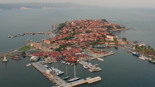 Panoramic view of the old town of Nessebar from a great height. Aerial drone footage