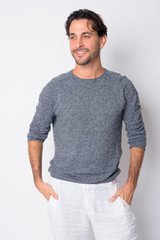 Obraz premium Portrait of happy handsome Hispanic man thinking