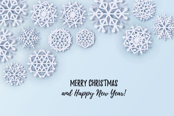 Vector cover with Papercut Snowflakes. Layered realistic snow flake winter 3D icons. Xmas, New Year header, business greeting card, invitation, article