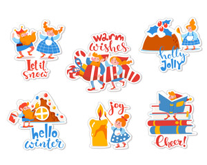 Stickers with cartoon elf characters and Christmas lettering
