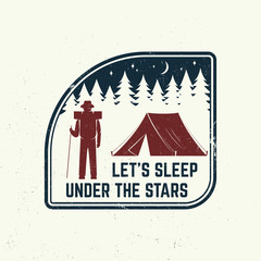 Let s sleep under the stars slogan. Summer camp. Vector. Concept for shirt print, stamp or tee. Vintage typography design with deer, camper tent in the night and forest silhouette.