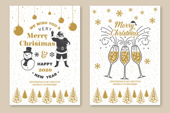 Set of Merry Christmas and 2020 Happy New Year poster, greeting cards. Set quotes with snowflakes, snowman, champagne glasses and Santa Claus. Vector. Vintage design for xmas, new year emblem