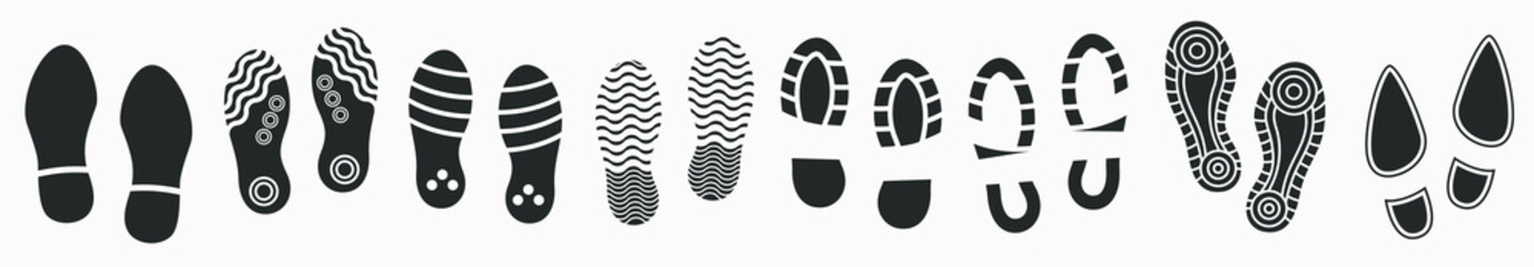 Big set of Footprints silhouette isolated on white. Vector illustration