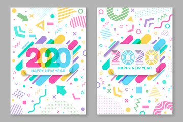 Set of Happy New Year poster. 2020 Happy New Year greeting card with abstract colored rounded shapes lines and diagonal rhythm and memphis style graphic element. Vector illustration.
