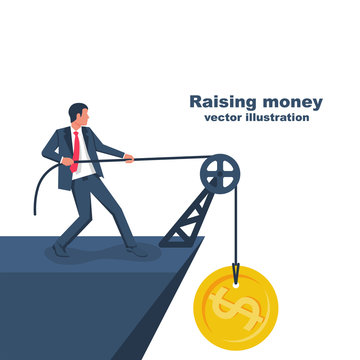 Raise sack of money. Making money. Man pulls a big coin to the top of the rock. Earning concept. Vector illustration flat design. Isolated on white background.