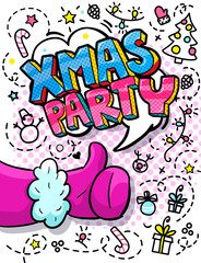 Santa Claus hand in red suit and mitten showing thumb up in pop art style. Sign like and Xmas Sale Message in pop art style