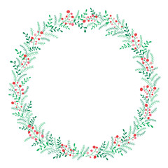 Hand Drawn Abstract Doodle Christmas Foliage, Red Holy Berries, White Background Vector Round Frame. Winter Holidays