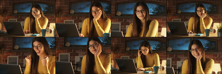 Young woman working with laptop and different moods
