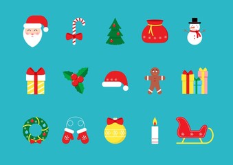 Vector set of winter flat icons for celebration of New year, Christmas, season holiday. Santa Claus, Xmas tree, mittens, candy cane, gift, snowman, Christmas star plant, ball, gingerbread, sleigh.