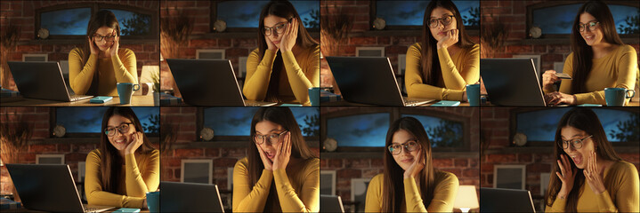 Young woman working with laptop and different moods