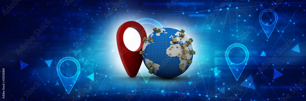 Poster 3d rendering red map pointer in card box