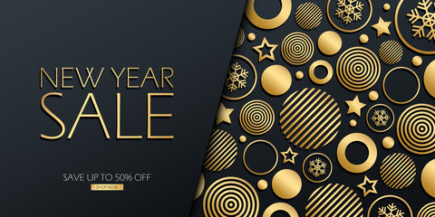 New Year Sale special offer luxury banner with gold colored christmas balls, stars and snowflakes on black background. Discount up to 50% off. Vector illustration.