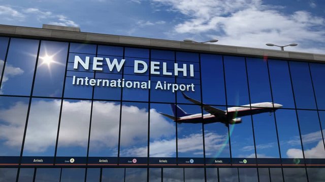 Jet aircraft landing at New Delhi, India 3D rendering animation. Arrival in the city with the glass airport terminal and reflection of the plane. Travel, business, tourism and transport concept.