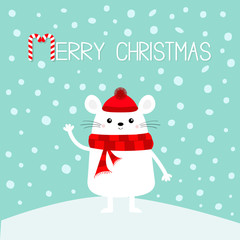 White mouse on snowdrift. Waving hand. Merry Christmas. Candy cane. Happy New Year 2020 sign symbol. Cute funny cartoon kawaii baby character. Flat design. Blue winter snow flake background.