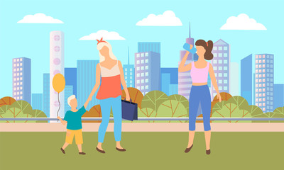 Citizen on weekends in city park vector, woman with kiddo holding inflatable balloons. Holidays and relaxation, skyscrapers downtown on background. Family mother and child festive celebration