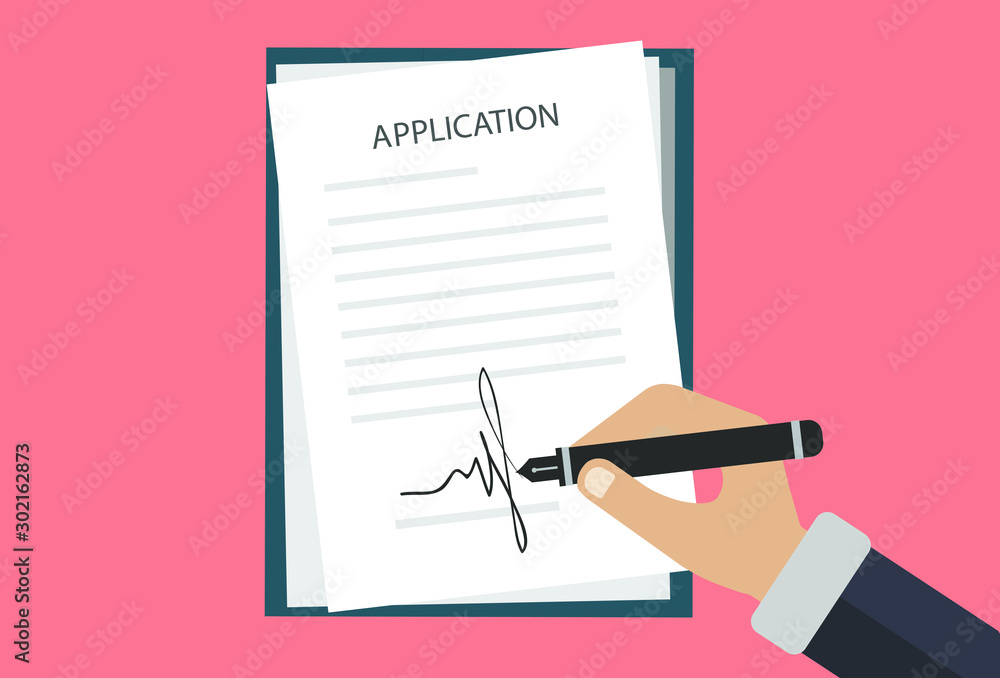 Poster application document being signed concept. vector illustration.