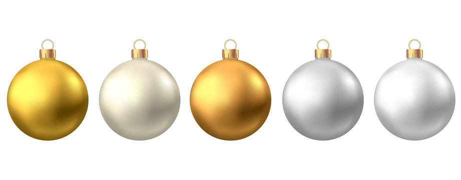 Realistic  gold, silver  Christmas  balls  isolated on white background.
