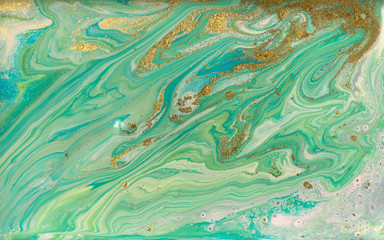 Fototapeta na wymiar Green, blue and gold ripple agate pattern. Ocean style beautiful background.