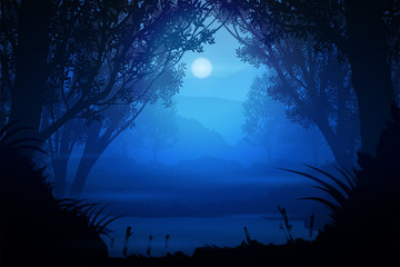 Natural forest Mountains and streams  Sunrise and sunset Light moon Landscape wallpaper Illustration vector style Colorful tone background