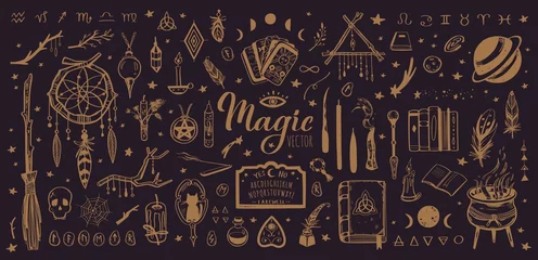 Foto auf Leinwand Witchcraft, magic background for witches and wizards. Wicca and pagan tradition. Vector vintage collection. Hand drawn elements candles, book of shadows, potion, tarot cards etc. © Wonder studio