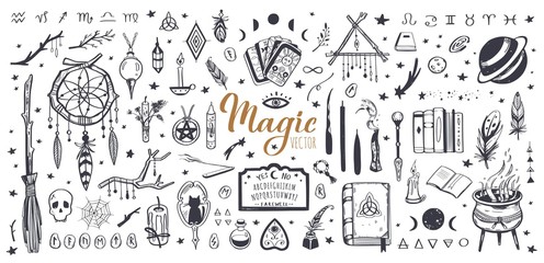 Witchcraft, magic background for witches and wizards. Wicca and pagan tradition. Vector vintage collection. Hand drawn elements candles, book of shadows, potion, tarot cards etc.