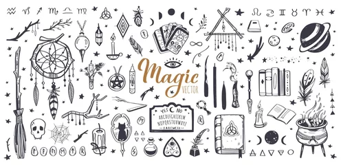Poster Witchcraft, magic background for witches and wizards. Wicca and pagan tradition. Vector vintage collection. Hand drawn elements candles, book of shadows, potion, tarot cards etc. © Wonder studio