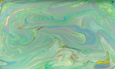 Fototapeta na wymiar Green and gold ripple agate pattern. Ocean style beautiful background.