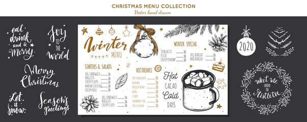 Winter special seasonal Vector menu chalkboard template, brochure. Merry Christmas and Happy new year hand drawn illustrations, Lettering and calligraphy. Hot drinks and cacao vintage elements
