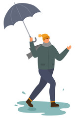 Character happy of raining weather vector, isolated man with umbrella dancing under rain. Person walking with parasol, stepping into puddle. Rainfall in autumn, male wearing warm clothes flat style