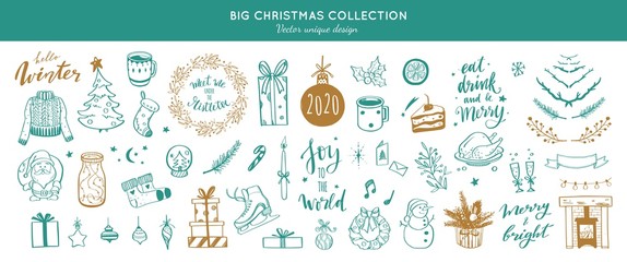 Big Merry Christmas and happy New Year festive vector collection. Different hand drawn doodle elements, Christmas tree, fireplace, coxy sweater, Winter holidays attributes. Handwritten Lettering.