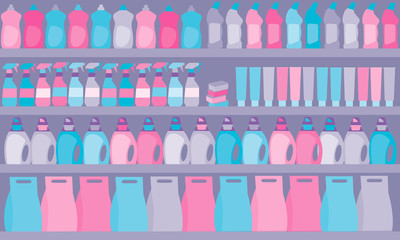 Grocery items, cleaning products bottles and packages on the supermarket store shelves flat cartoon vector illustration. Background of shopping and retail concept.