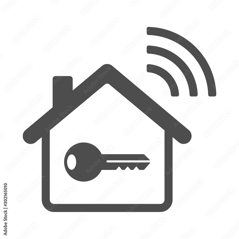 Poster smart home vector icon with key and airwaves isolated on white background. smart home automation con