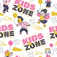 Seamless pattern design with hand drawn multiethnic happy kids smiling, jumping isolated. Kids zone banner decor, backdrop, packaging paper, party card etc. Hand drawn style, vector illustration.