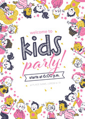 Kids party flayer template with happy little boys and girls characters. Text place, invitation design, card, banner, poster, voucher. Hand drawn style. Vector illustration.