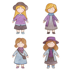 Original watercolor doll. Picture with cartoon girls. Nice illustration for for book, stickers,logo, business card or postcard.