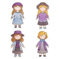 Original watercolor doll. Picture with cartoon girls. Nice illustration for for book, stickers,logo, business card or postcard.