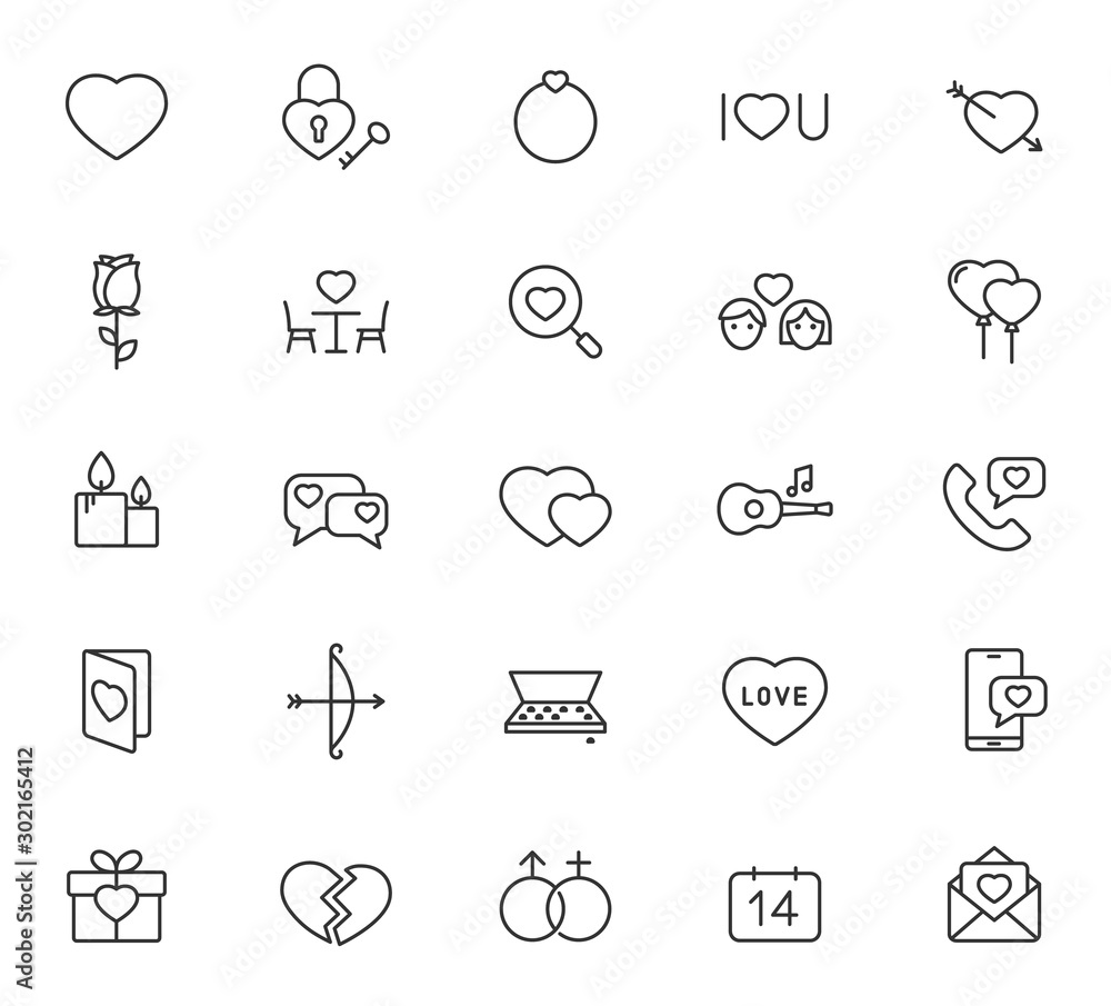 Poster valentine day outline vector icons isolated on white background. love heart and valentine day line v