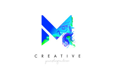 M Letter Icon Design Logo With Creative Artistic Ink Painting Flow in Blue Green Colors