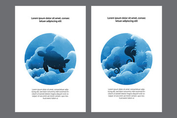 Poster templates kit. Fantasy night, sky and blue ocean animals silhouettes